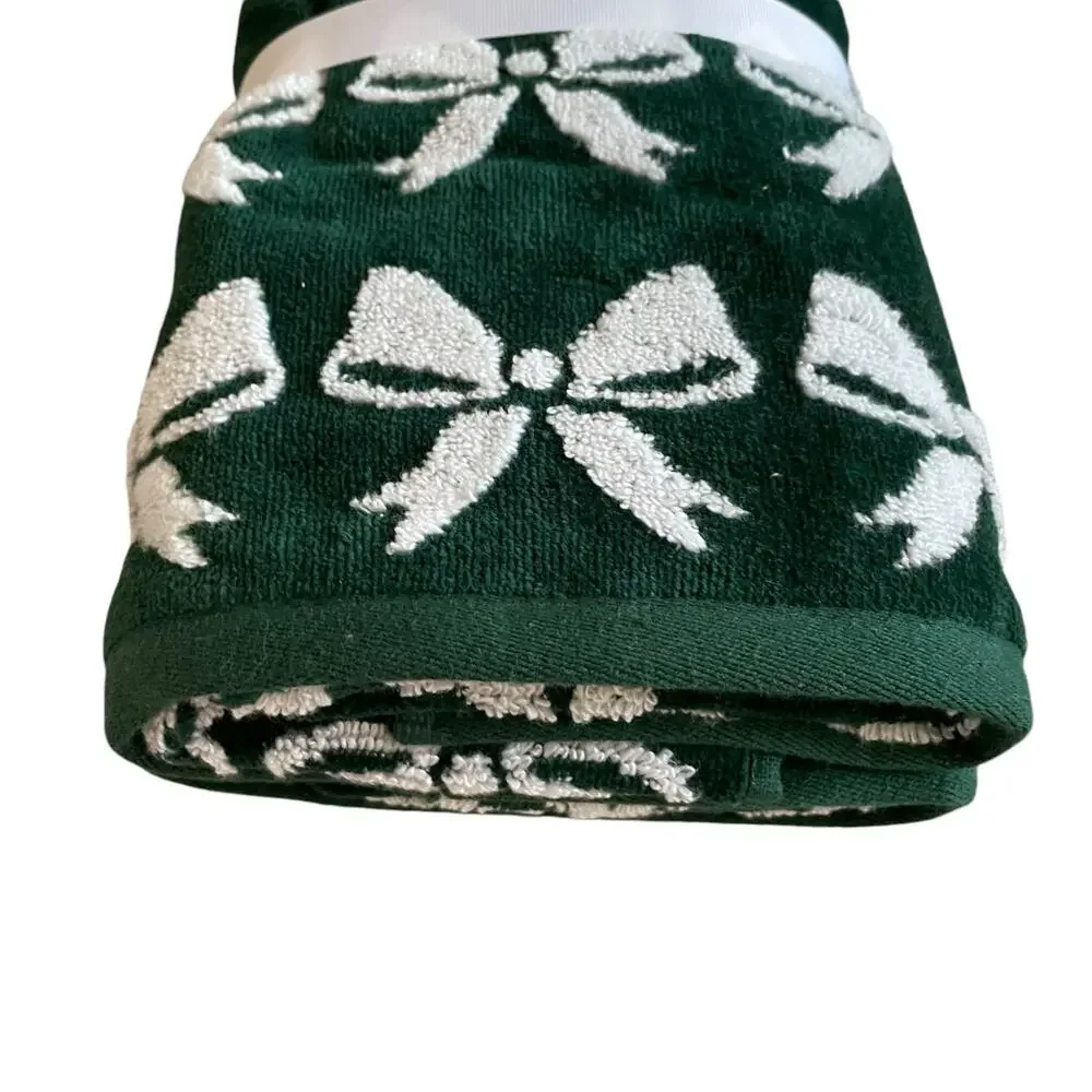 Caro Home CHRISTMAS BOW Hand Towels Set of 2 Green & White Holiday Decor